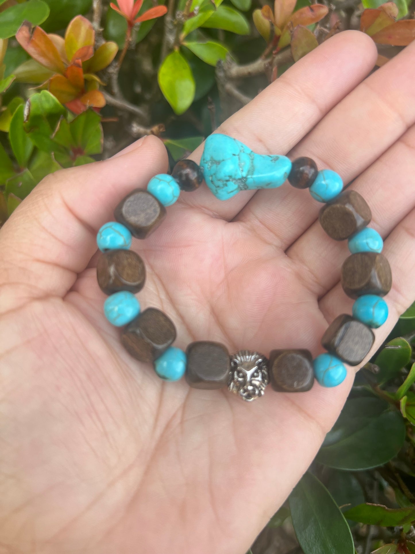 Turquoise & Natural Wood Lion’s Bracelet