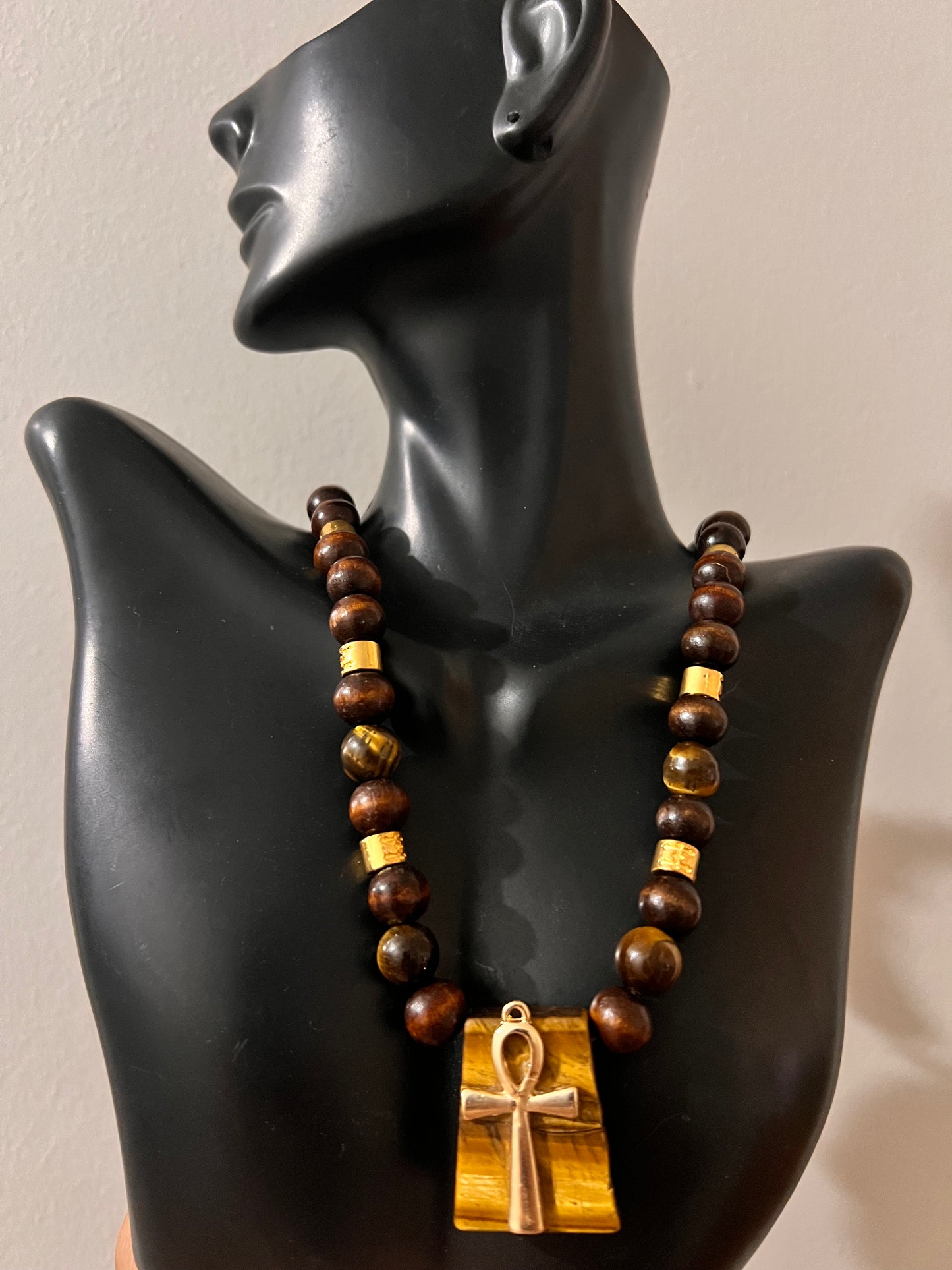 Ankh Tigers Eye & Natural Wood Necklace