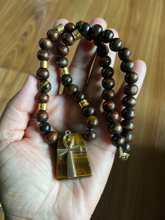 Ankh Tigers Eye & Natural Wood Necklace